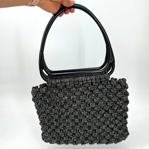 Vintage custom made woven handbag with wooden handles